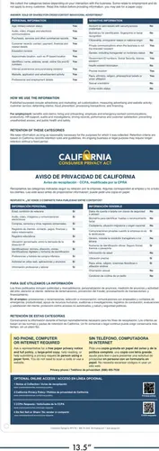 Sample bilingual California privacy notice at collection with a table of information categories and links to the privacy policy and request page