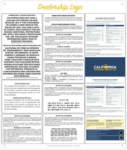 Sample F&I combo disclosure board with a dealership logo, the CARS Act notice in English and Spanish, foreign-language notices and a California privacy notice