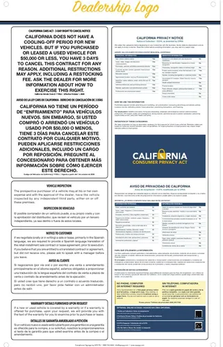 Sample sales-office combo disclosure board with the CARS Act notice, vehicle inspection and contract notices, and a California privacy notice
